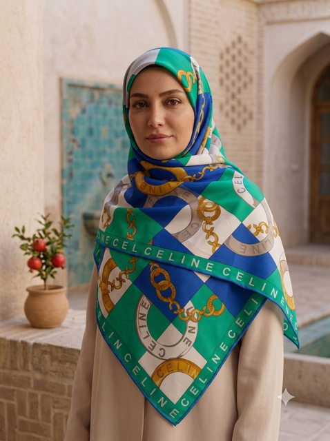 روسری ابریشم توییل طرح زنجیر سبز و آبی