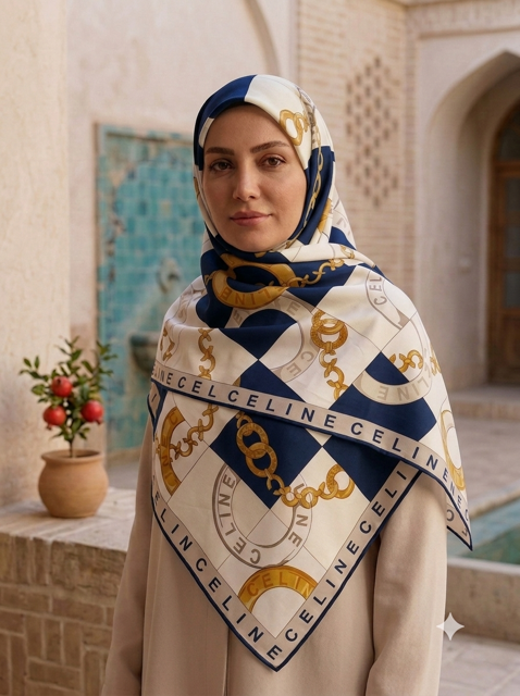 روسری ابریشم توییل طرح زنجیر سورمه ای