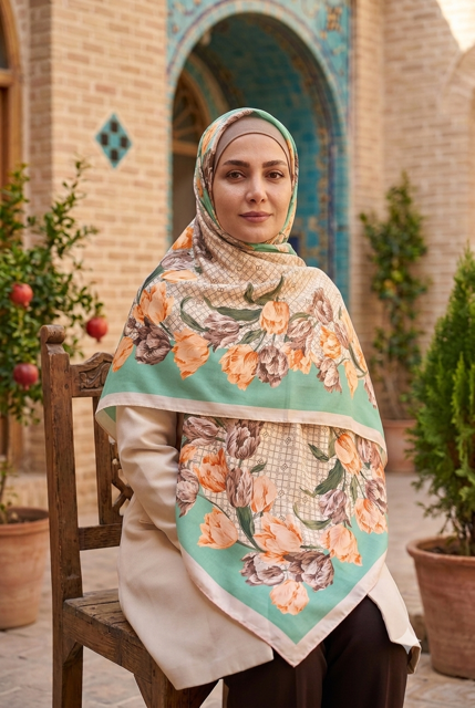 روسری ابریشم توییل طرح گل سبز