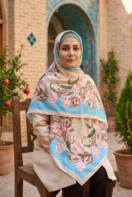 روسری ابریشم توییل طرح گل آبی روشن