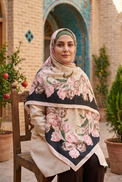 روسری ابریشم توییل طرح گل مشکی