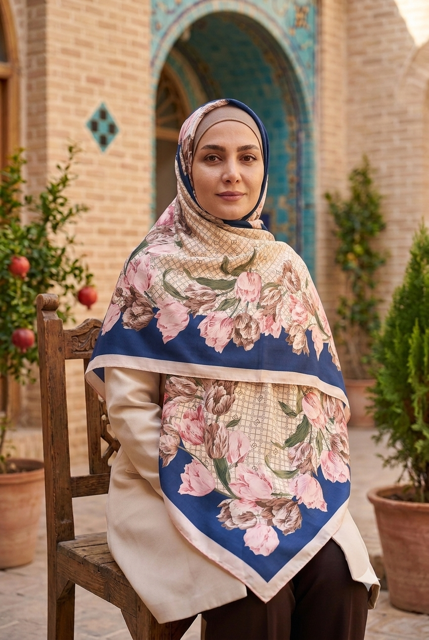 روسری ابریشم توییل طرح گل سورمه ای