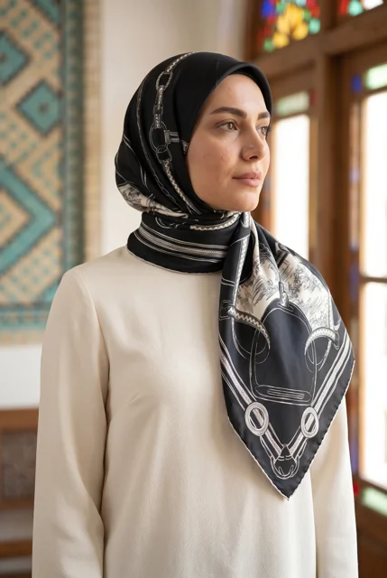 روسری ابریشم تویل مدل اسب و یراق طرح 5
