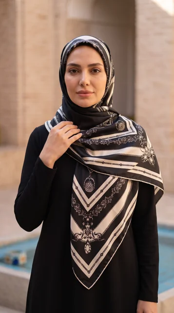 روسری ابریشم تویل مدل اسب و یراق طرح 3