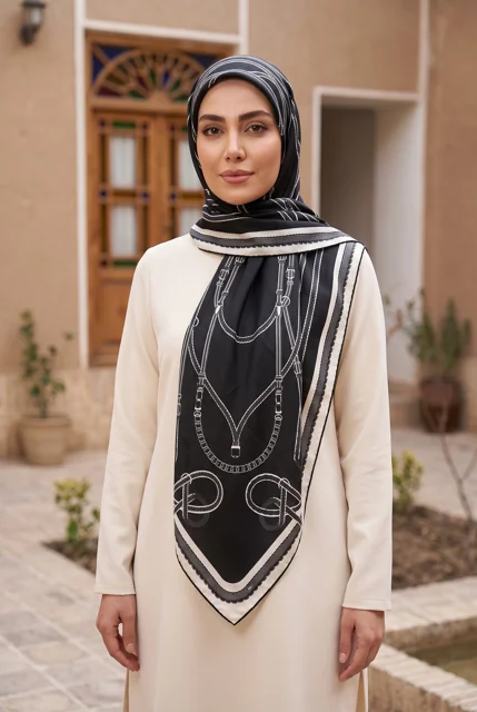 روسری ابریشم تویل مدل اسب و یراق طرح 2