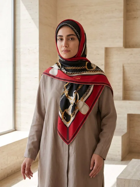 روسری ابریشم ژاکارد طرح GUCCI قرمز